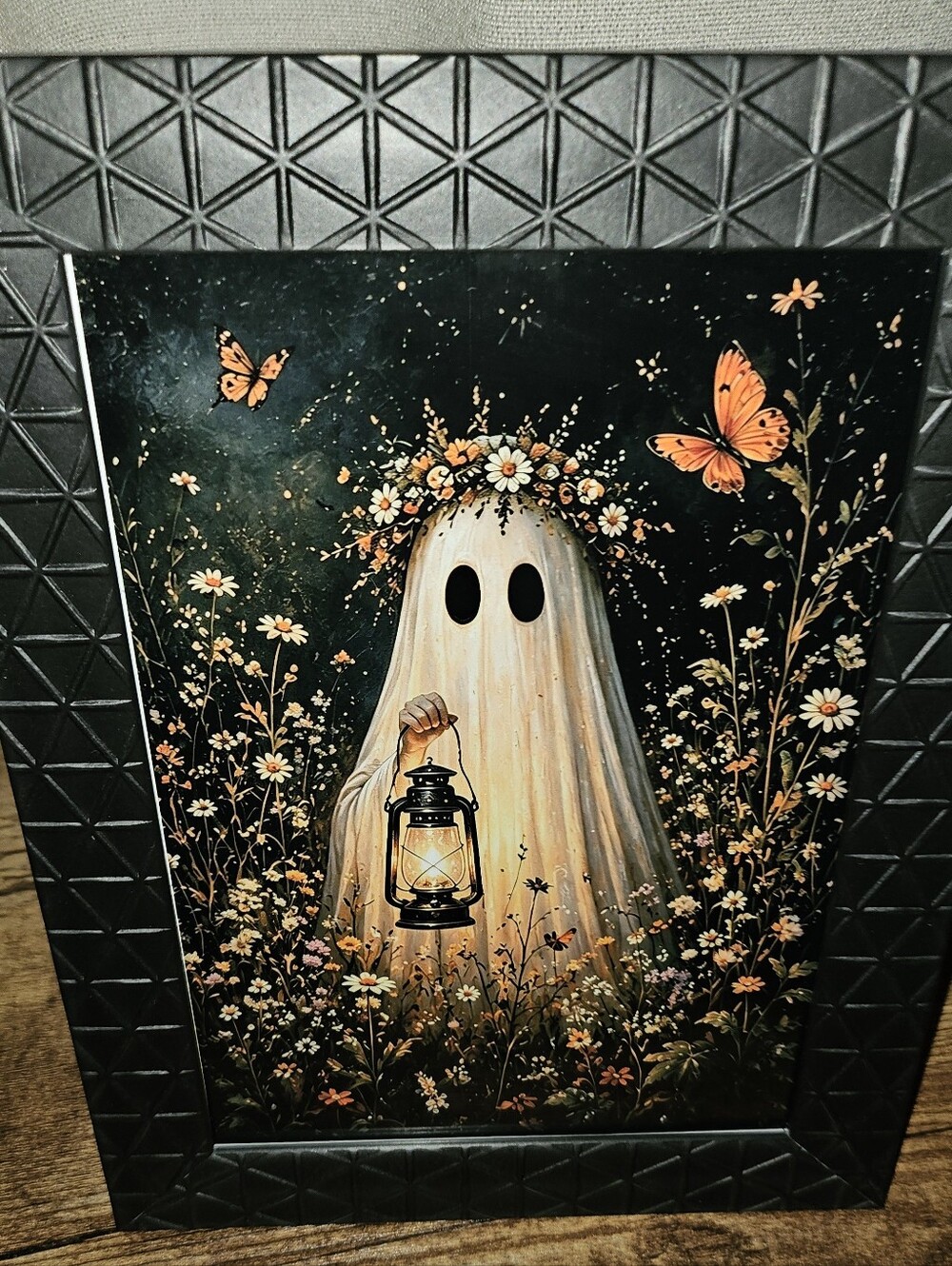 5x7 Ghost with Lantern Floral Wall Art Print - Orange Accent